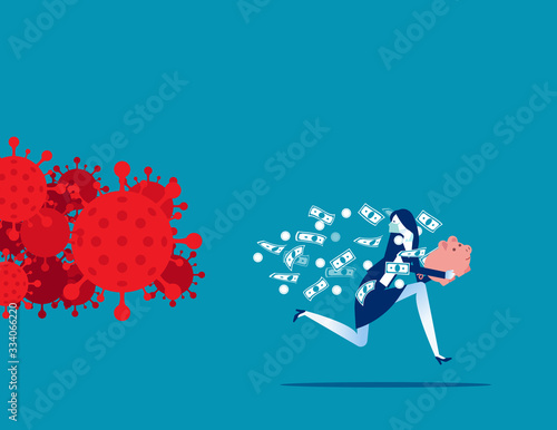 Businessman holding piggy bank running away for COVID - 19. Stock market panic sell from coronavirus pathogen