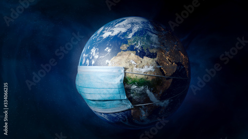 Fototapeta Naklejka Na Ścianę i Meble -  Earth With Surgical Mask - Virus Infection - World with Coronavirus - 2019-nCoV, SARS-CoV-2 WUHAN virus concept. 3D Rendering of Earth with mask. 3D Illustration