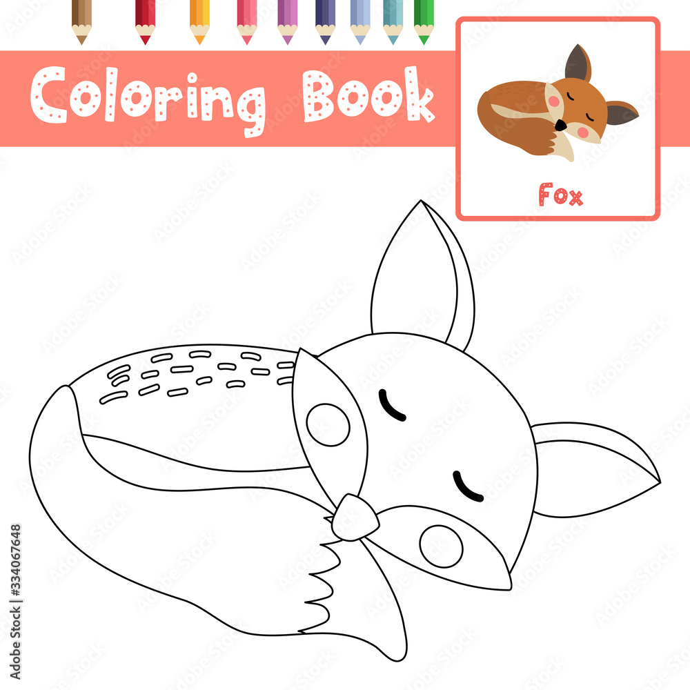 Coloring page sleeping Fox animal cartoon character vector illustration ...