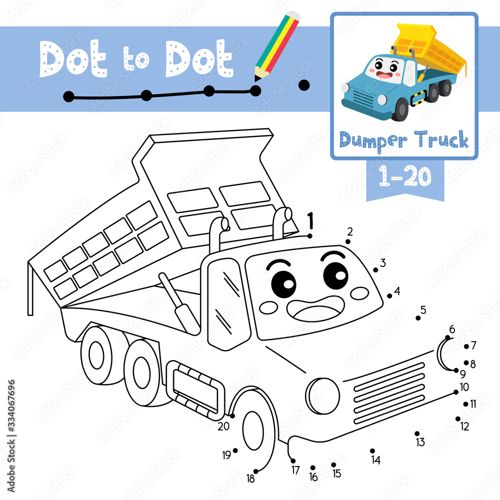 Dot to dot educational game and Coloring book Dumper Truck cartoon  character perspective view vector illustration Stock Vector | Adobe Stock