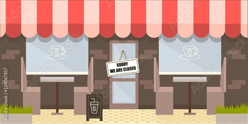 Closed cafe, coronavirus disease prevention, vector poster, banner template