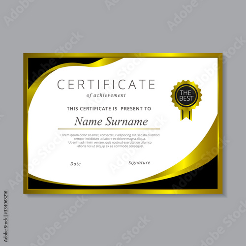 Modern certificate template with gold and black color design 