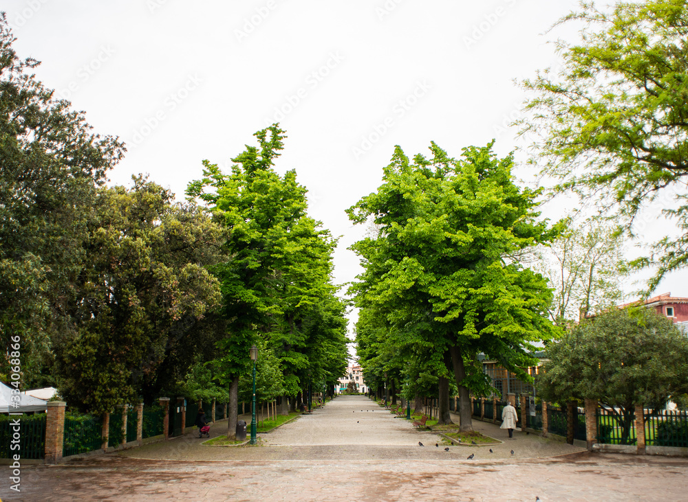 Alley of Giuseppe Garibaldi in Venice. Italy. Giuseppe Garibaldi Monument on a Background. Cloudy Sky.