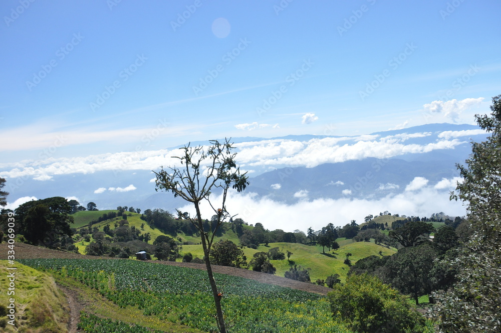 Agricultural slopes of the volcano Irazu in Costa Rica with fertile soil and numerous crops on sunny slopes. The valley is surrounded by clouds suspended below the volcanic cone.