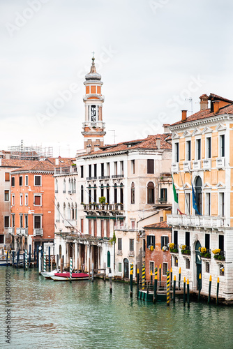 Picturesque Cityscape of Venice. Old Buildings on Grand Canal. Italy. Cloudy Sky.