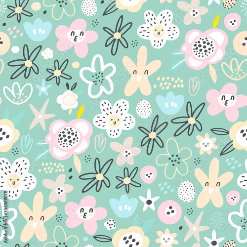 Childish seamless pattern with decorative flowers in baby style. Perfect for kids fabric, textile, nursery wallpaper. Vector Illustration. Green background.