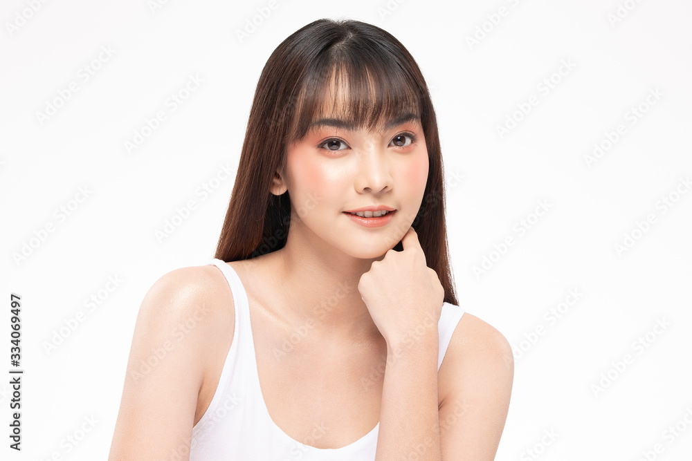 Young Beautiful Asian woman smile with clean and fresh skin Happiness and cheerful touching chin with positive emotional,isolated on white background,Beauty Cosmetics and spa Treatment Concept Young Beautiful Asian woman smile with clean and fresh skin Happiness and cheerful touching chin with positive emotional,isolated on white background,Beauty Cosmetics and spa Treatment Concept