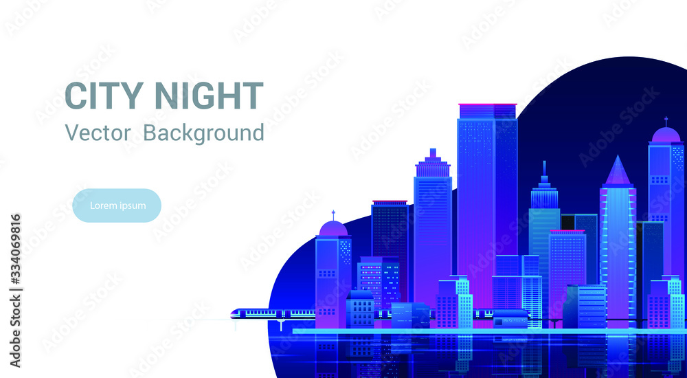 Night city panorama.Cityscape on a dark background with bright and glowing neon purple and blue lights. Wide highway side view. Cyberpunk and retro wave style Vector illustration.