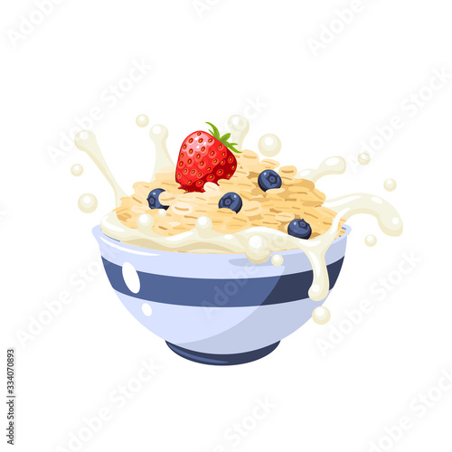 Breakfast granola. Oatmeal with berries and milk. Vector illustration cartoon cereal vegan food flat icon isolated on white.