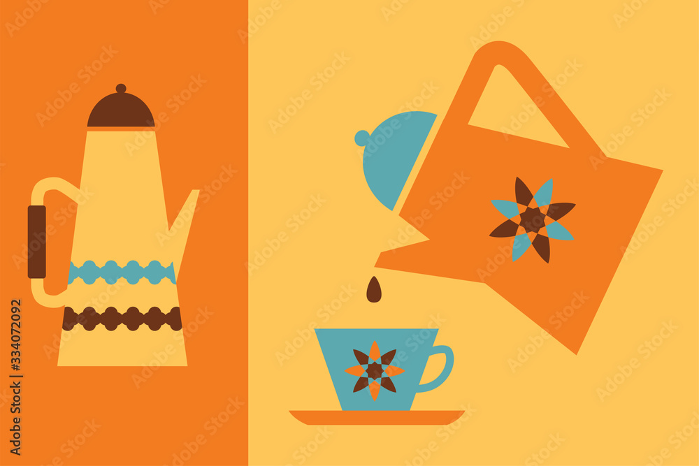 Coffee pot and coffee cup flat illustration retro