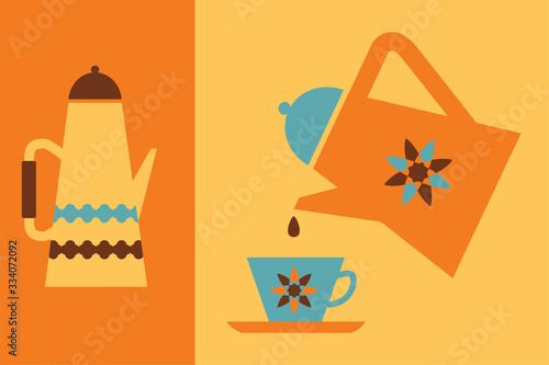 Obraz na płótnie Coffee pot and coffee cup flat illustration retro w salonie