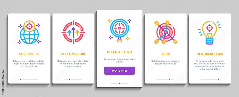 Goal Target Purpose Onboarding Mobile App Page Screen Vector. Goal Aim On Planet And Lightbulb, Atom And Flag, Calendar And Medal Award Color Contour Illustrations