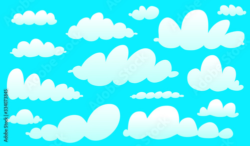 Cartoon clouds collection isolated on blue. Cute kids watercolor style sky clip art collection.