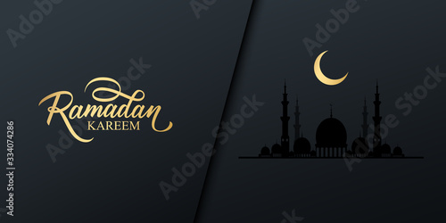 Ramadan celebrate banner with golden colored handwritten inscription Ramadan Kareem, gold crescent moon and black mosque. Muslim holy month vector illustration.
