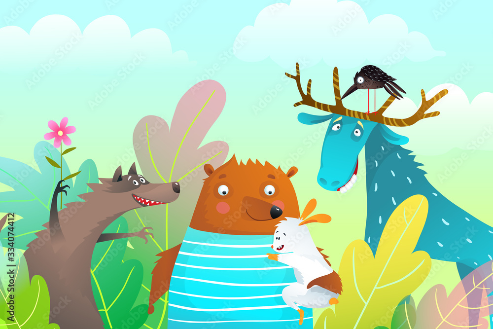 Obraz Animals characters friendship portrait in the nature with trees. Moose, bear, wolf and rabbit fun cartoon for kids.