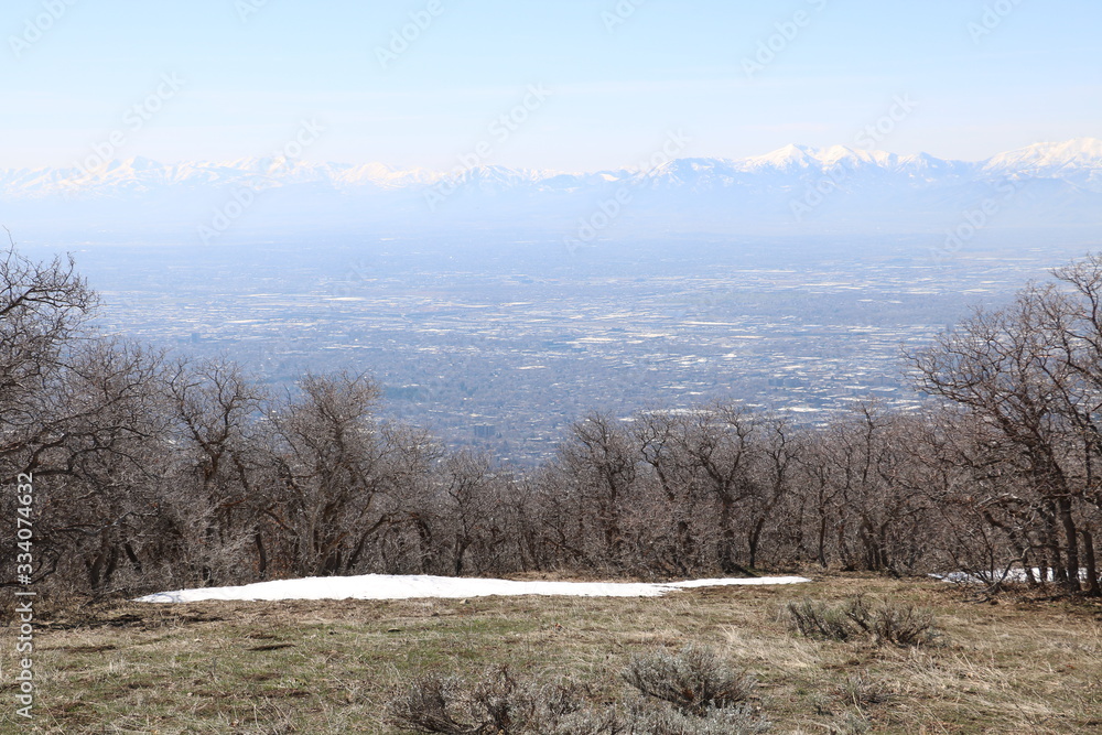 Hazy skies in Salt Lake City seen from summit of Mt Van Cott, Utah, USA Hazy skies in Salt Lake City seen from summit of Mt Van Cott, Utah, USA
