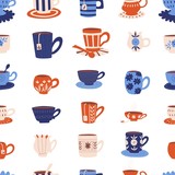 Hand drawn seamless pattern with tea cups on white background.