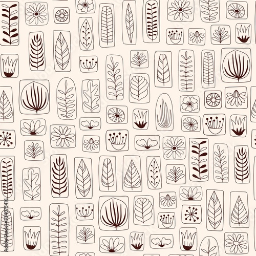 Vector seamless pattern in Scandinavian style with flowers and leaves on white background.