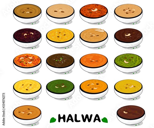 All Halwa like Aloo,badam,beetroot,apple,atta,besan,bread,dates,gajar,gur,kaddu,lauki,mango,mirchi,moong,pineapple,singhara,sooji indian sweet vector