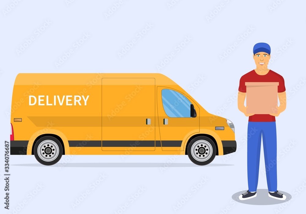 delivery truck van, courier and cardboard boxes with fragile signs isolated on white background. Online delivery service concept. delivery home and office. Vector illustration in flat style delivery truck van, courier and cardboard boxes with fragile signs isolated on white background. Online delivery service concept. delivery home and office. Vector illustration in flat style