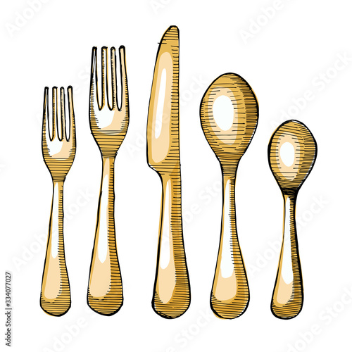 Golden spoon, knife, fork sketch vector illustration. Cutlery set, isolated on the white background.Modern gold cultery.
