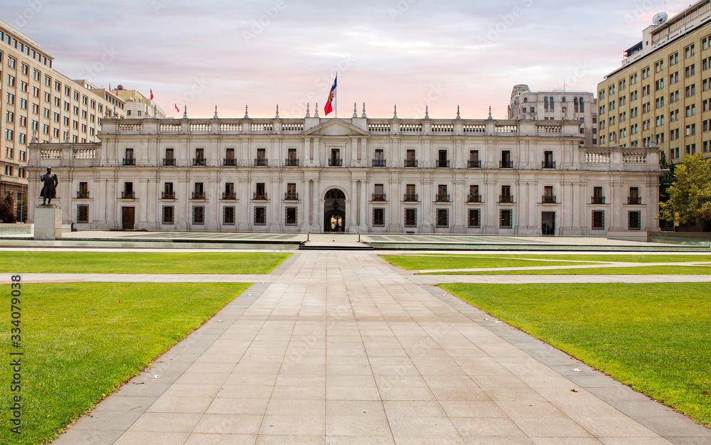Santiago, Chile, La Moneda Palace.  It is the official residence of the President of Chile, located in Santiago. The Palace was built in 1784-1805 in the classical style as the building of the mint, w