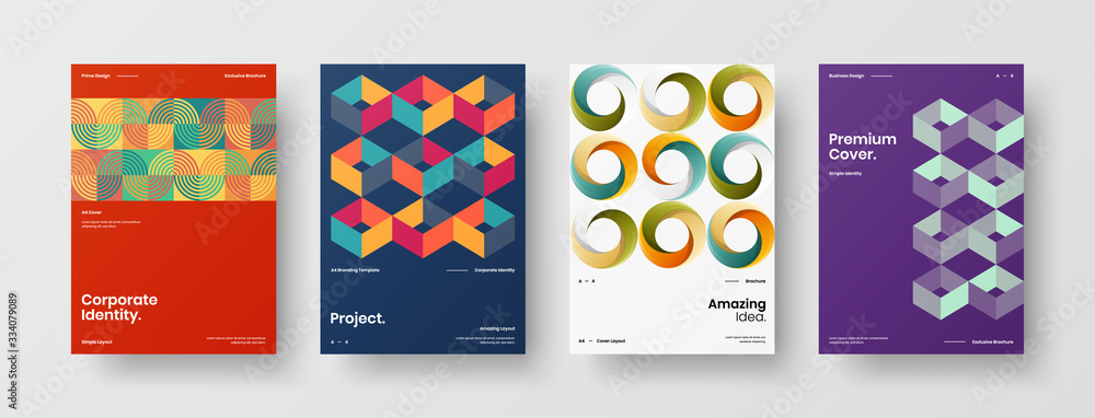 Business presentation vector A4 vertical orientation front page mock up set. Corporate report cover abstract geometric illustration design layout bundle. Company identity brochure template collection.