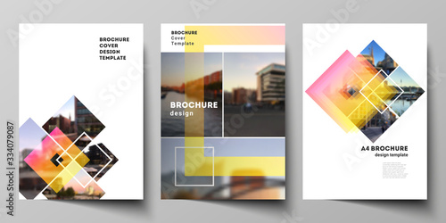 The vector layout of A4 format modern cover mockups design templates for brochure  magazine  flyer  booklet  annual report. Creative trendy style mockups  blue color trendy design backgrounds.