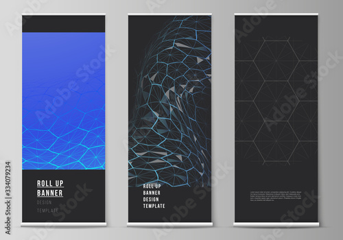 Vector layout of roll up banner stands, vertical flyers, flags design business templates. Digital technology and big data concept with hexagons, connecting dots and lines, science medical background.