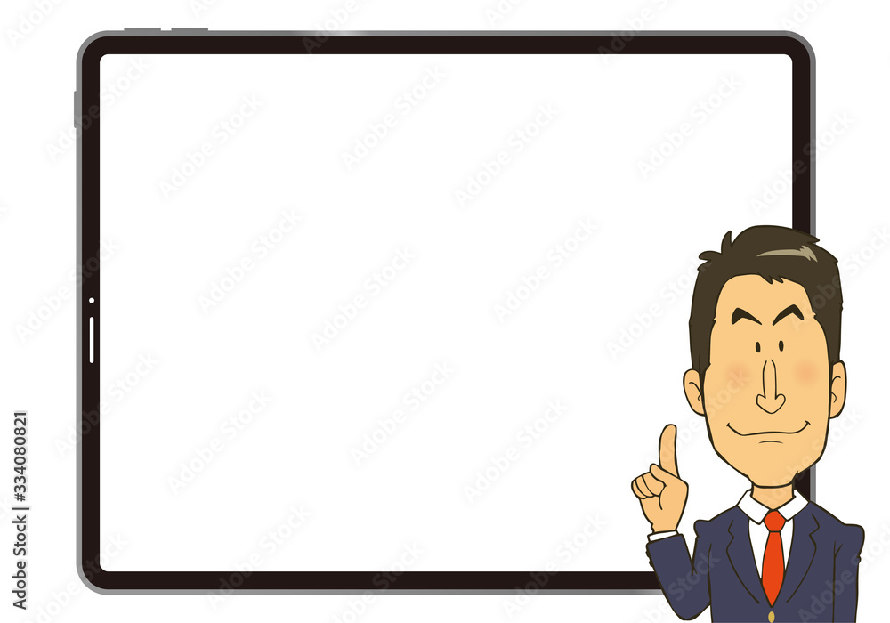 大きなタブレットの画面を背に説明をしているスーツの男性 大きなタブレットの画面を背に説明をしているスーツの男性