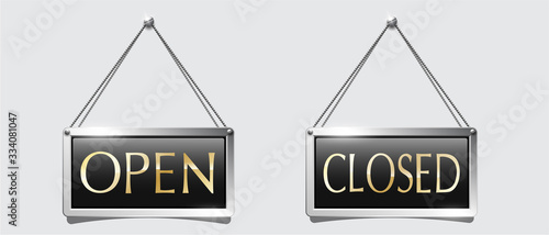 Label vector open and closed set hanging chromium and metal style using as a component about business transparency grid background
