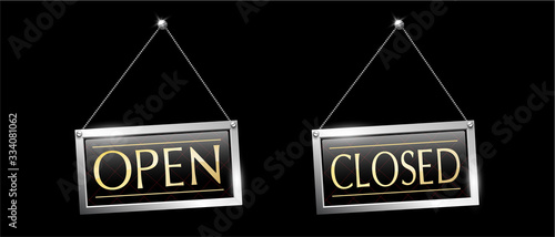 Label vector open and closed set hanging chromium and metal style using as a component about business black background
