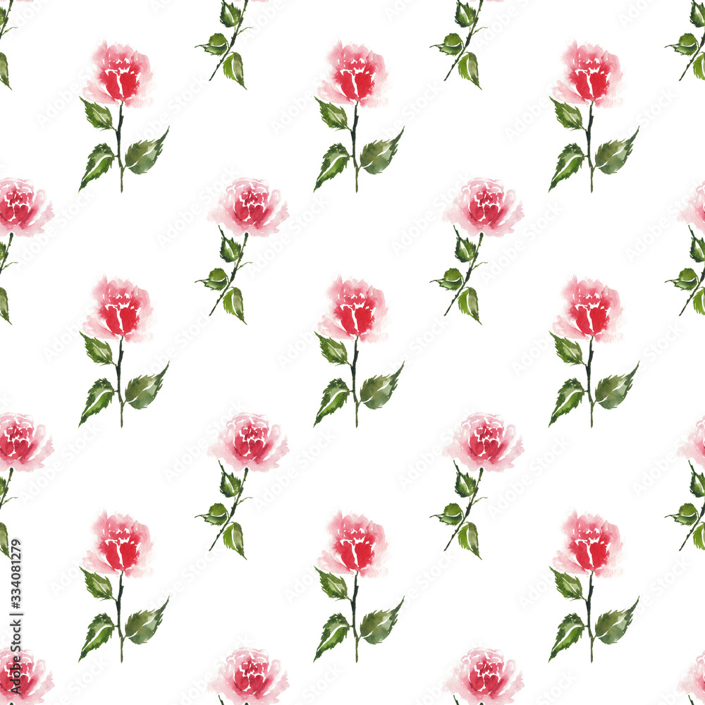 Hand painted watercolor red rose flower pattern