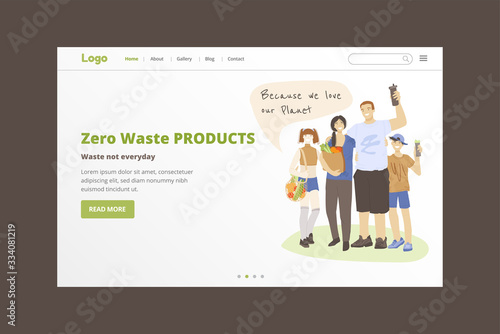 Happy family of man, woman and two kids holding zero waste products in hands - reusable mug, bags, ecology zero waste kitchen and hygiene products. Ecology Lifestyle concept with joyful family.