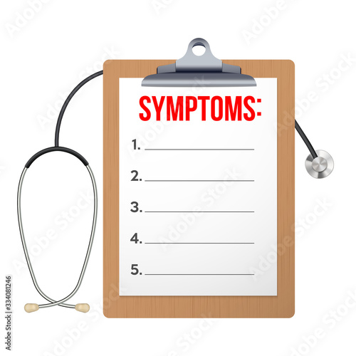 Blank clipboard with symptom paper and stethoscope. The Blackboard concept of doctor examination and diagnosis. Editable Vector illustration isolated on white background.