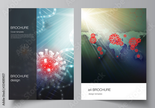 Vector layout of A4 cover mockups templates for brochure, flyer layout, booklet, cover design, book design. 3d medical background of corona virus. Covid 19, coronavirus infection. Virus concept.