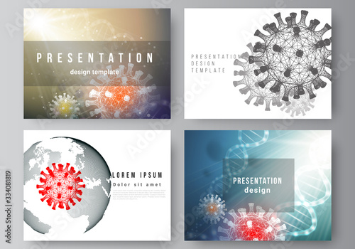 Vector layout of the presentation slides design business templates, multipurpose template for presentation report. 3d medical background of corona virus. Covid 19, coronavirus infection. Virus concept