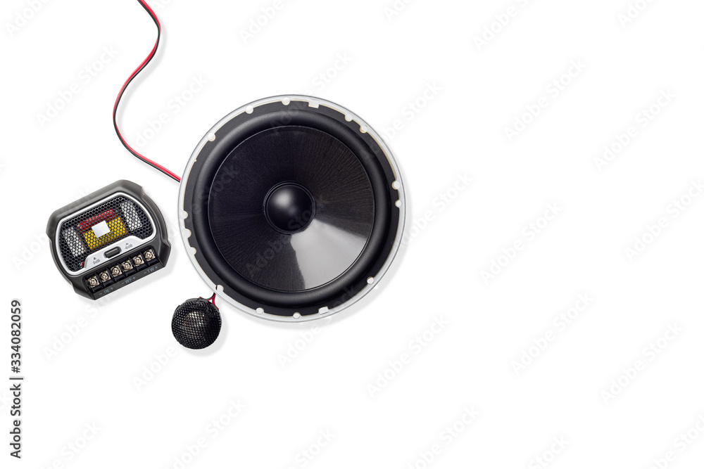 Fototapeta premium car audio, car speakers, subwoofer and accessories for tuning. Top view