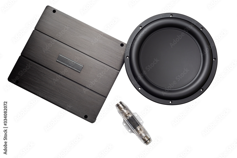 car audio, car speakers, subwoofer and accessories for tuning. Top view car audio, car speakers, subwoofer and accessories for tuning. Top view