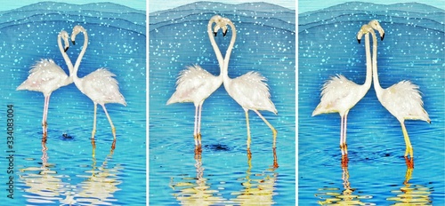 Collage with two Flamingos madly in love