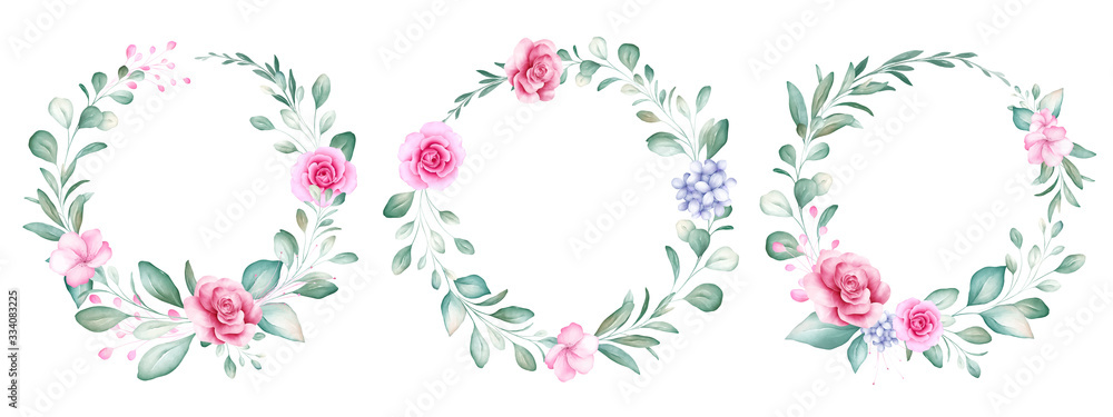 Set of round watercolor floral wreath. Botanic decoration illustration of peach roses and blue flowers, leaves, branches. Botanic elements for wedding or greeting card design vector
