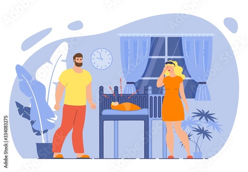 Parenthood Stress and Fatigue, Infant Sleep Problems Concept. Tired, Exhausted Father and Mother Characters, Sleepy Couple Standing near Bed with Crying Child at Night Trendy Flat Vector Illustration