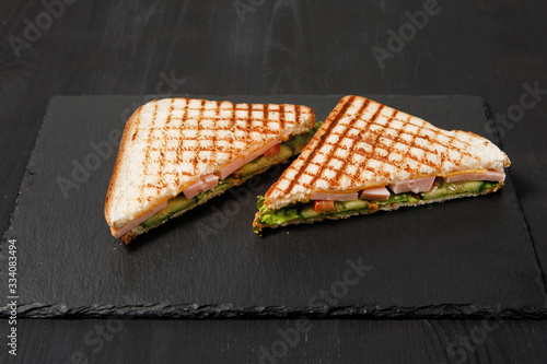 Homemade sandwich on a table.