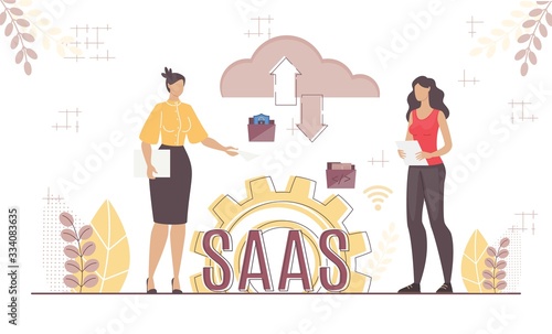 Boss and Employee Cooperation via Saas System. Woman Coworker, Business Partner Using Cloud Storage Service for Secure Data Exchange. Effective Wireless Management Platform. Vector Illustration