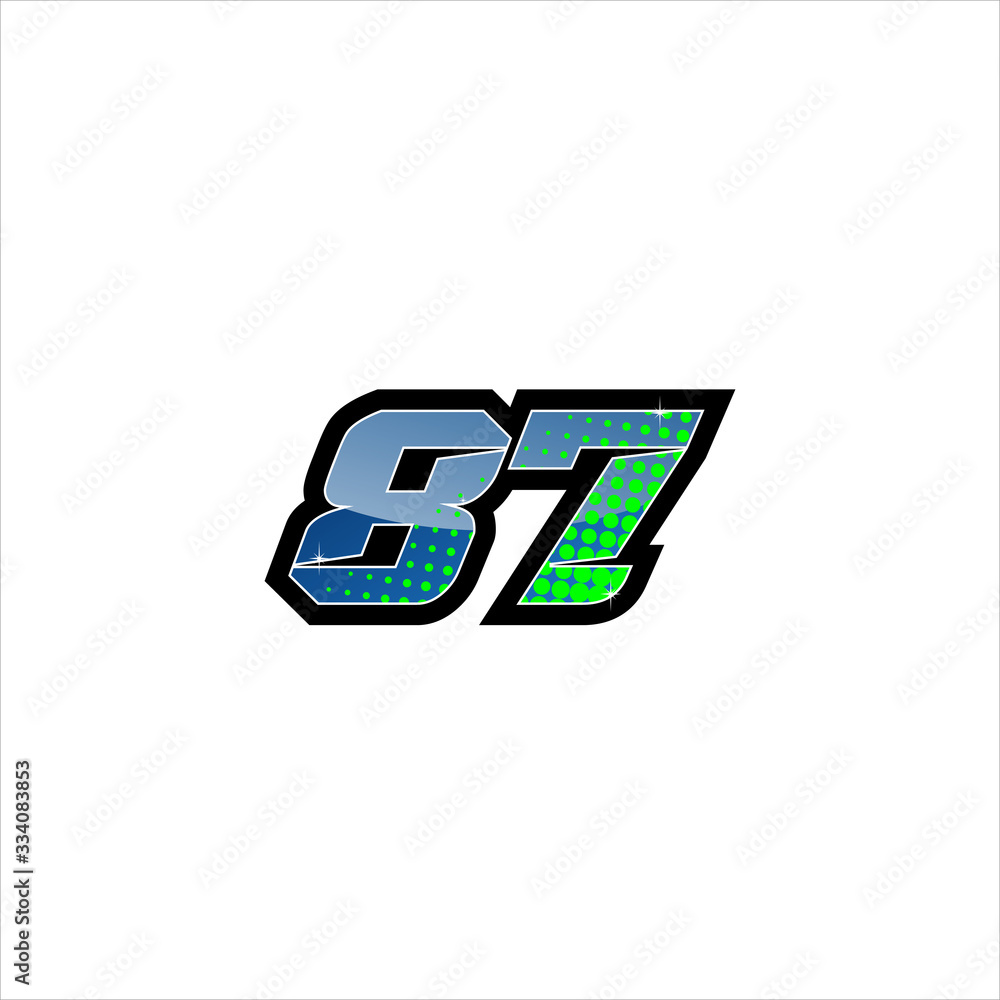 Vector Racing number 87, start racing number, sport race number with blue green color and halftone dots style isolated on white background Vector Racing number 87, start racing number, sport race number with blue green color and halftone dots style isolated on white background