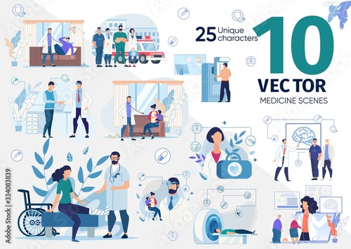 Patients on Doctors Appointment, Sick and Injured People Visiting Hospital, Medical Professionals Counseling Online Parents with Children, Senior People Scenes Trendy Flat Vector Illustrations Set