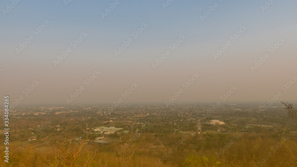 From the top of Doi Kham seen in the city of Jung, Chiang Mai temple, Thailand that is full of smog.