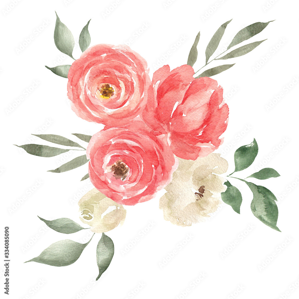 Bouquet  with watercolor hand draw  elegante flowers, isolated on white background, for wedding design, card, invitations