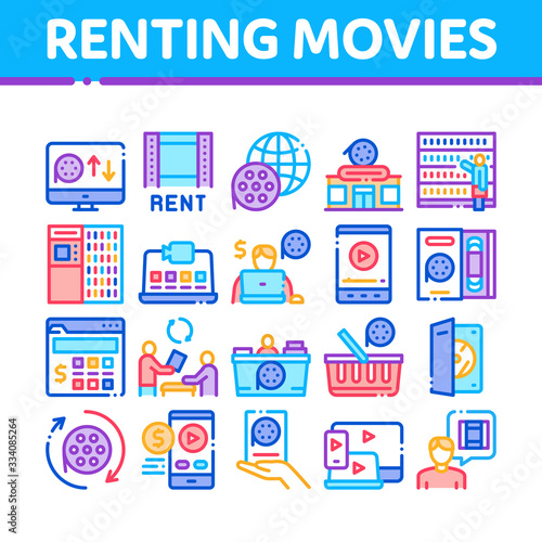 Renting Movies Service Collection Icons Set Vector. Renting Movies Store, Internet Online Watching And Download, Compact Disk And Reel Concept Linear Pictograms. Color Illustrations