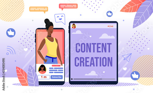 Popular Content Author, Successful Blogger Career, Blog Creation and Online Promotion Concept. African-American Woman Vlogger, Live Steamer Profile on Smartphone Screen Trendy Flat Vector Illustration